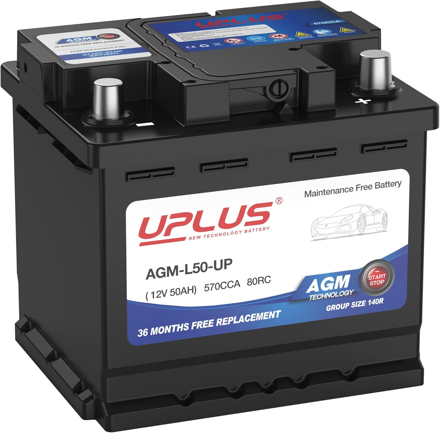 UPLUS BCI Group 140R Car Battery, AGM-L50-UP Maintenance Free 12V 50Ah Premium A...