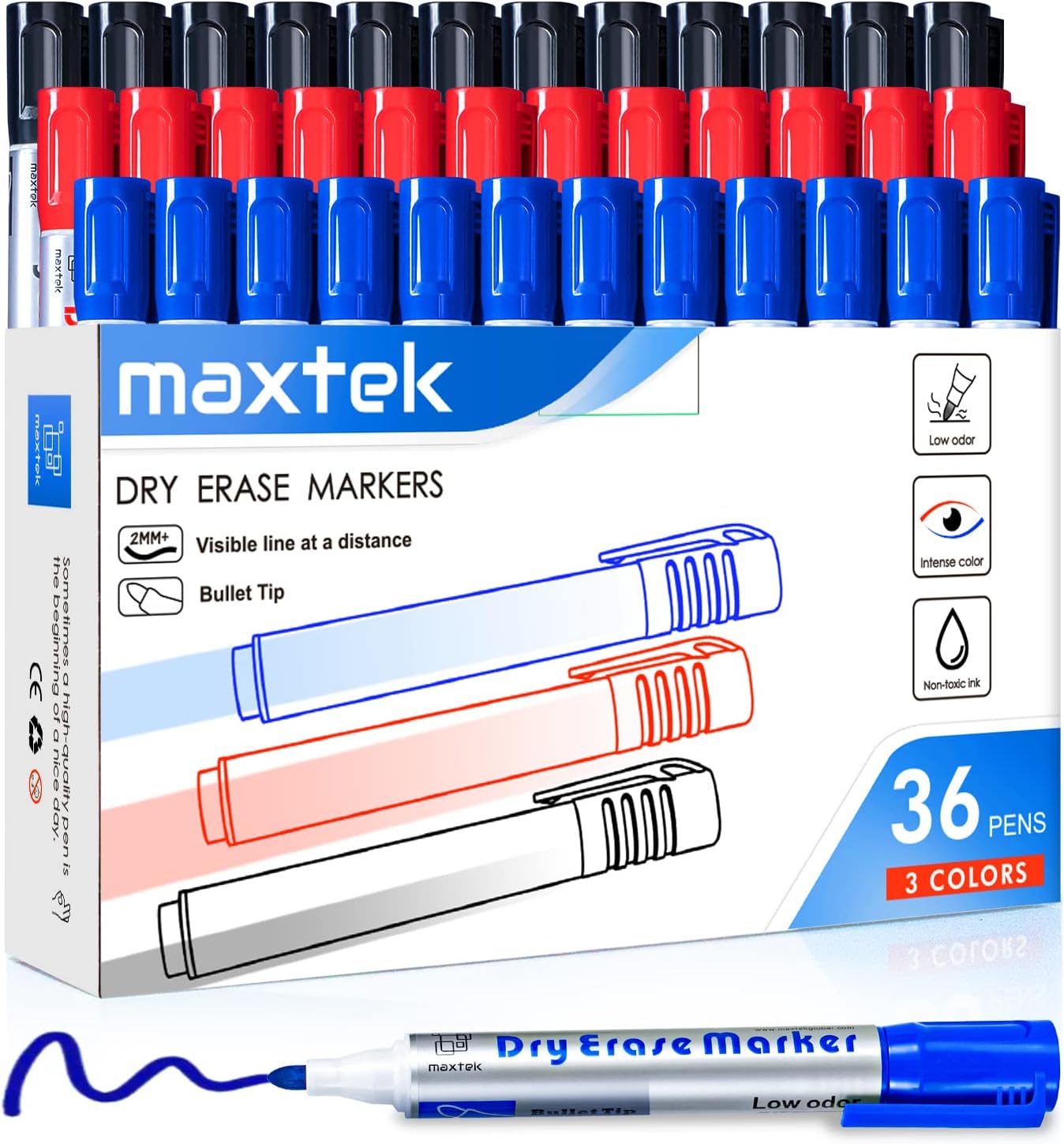 maxtek Whiteboard Pens Markers Bullet Tip, 36 Count Dry Erase Marker Pens Erasab...