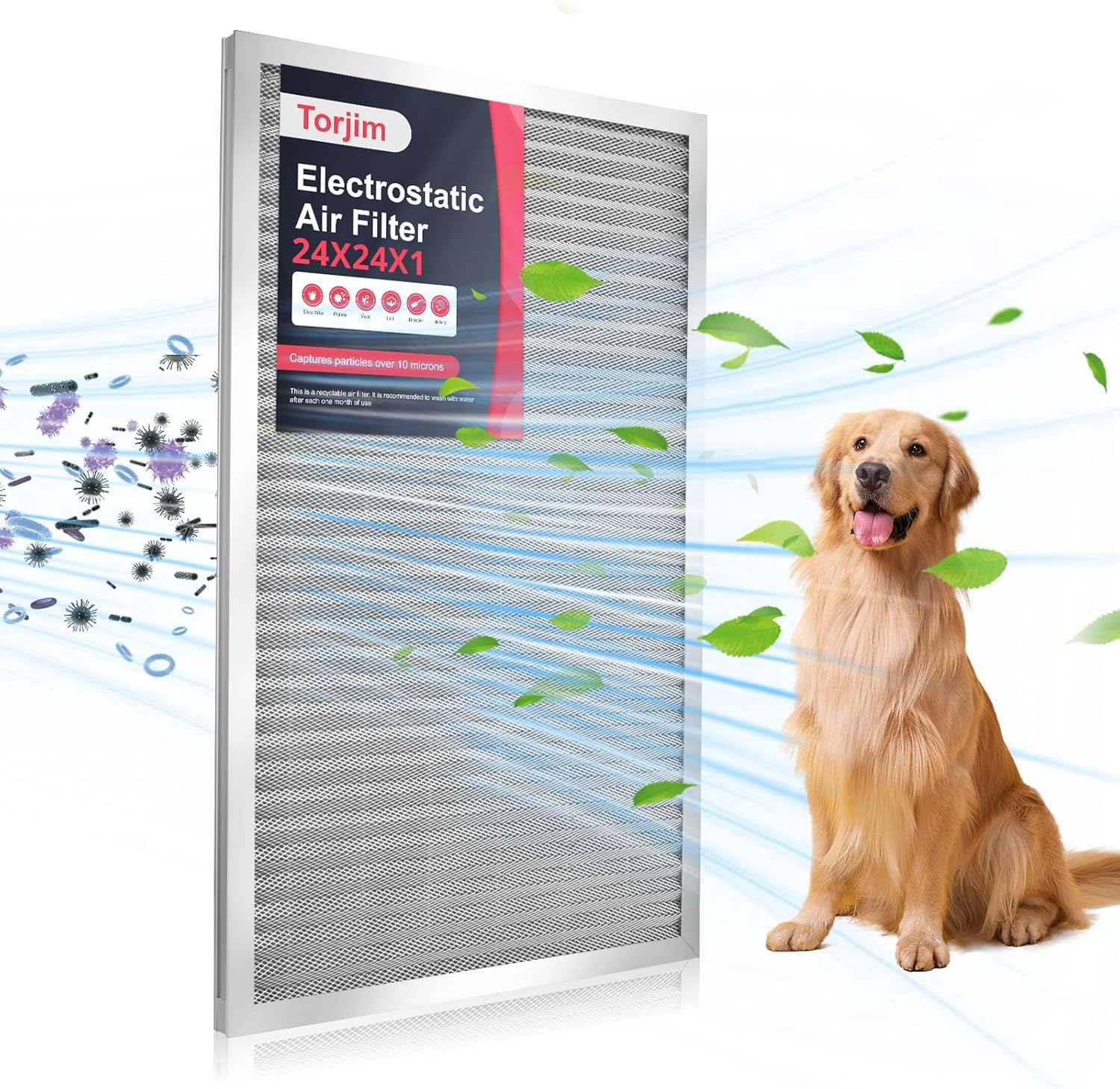 Torjim 24x24x1 Air Filter-MERV8, Washable & Reusable Electrostatic Air Filter, A...