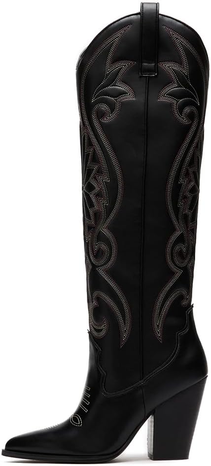 VOMIRA Knee High Cowboy Boots for Women Pointed Toe Chunky High Heels Pull-on Em...