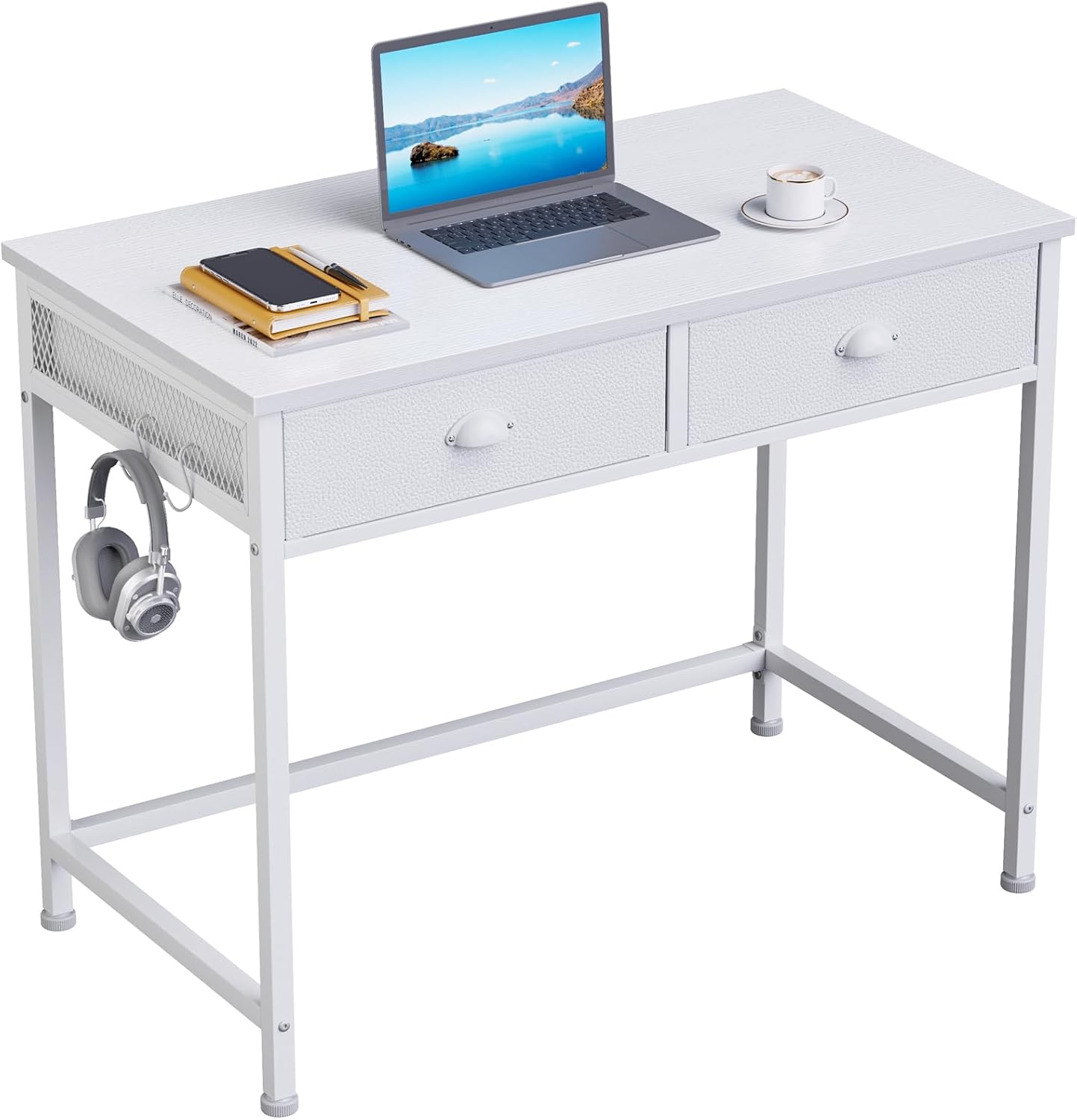 Furologee White Small Computer Desk with 2 Fabric Drawers, Simple Home Office Wr...