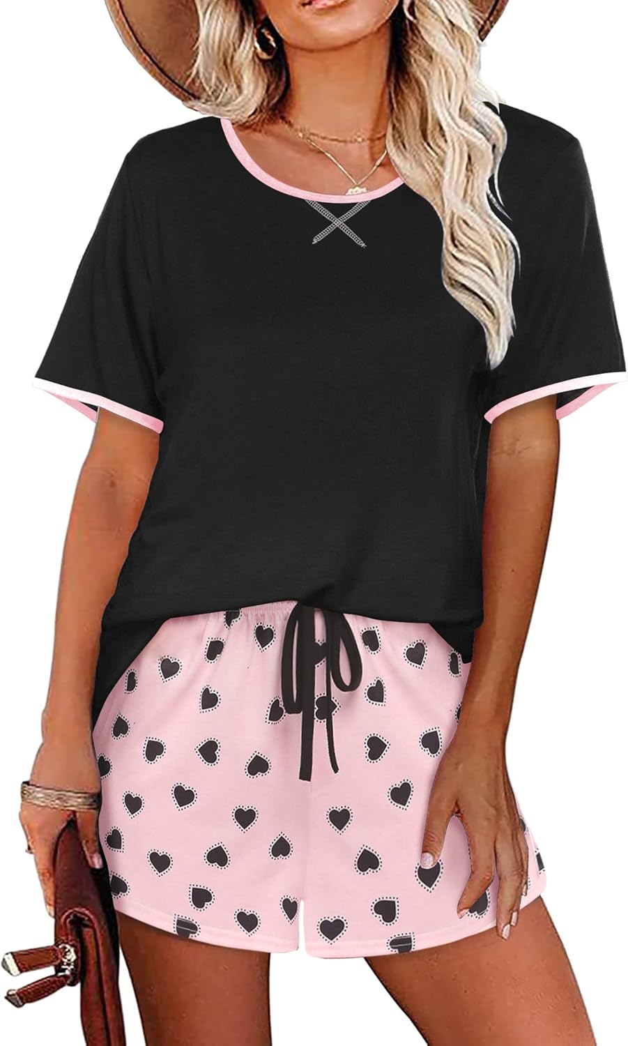 Ekouaer Women Pajama Set Casual Short Set Black Pink Heart XX-Large