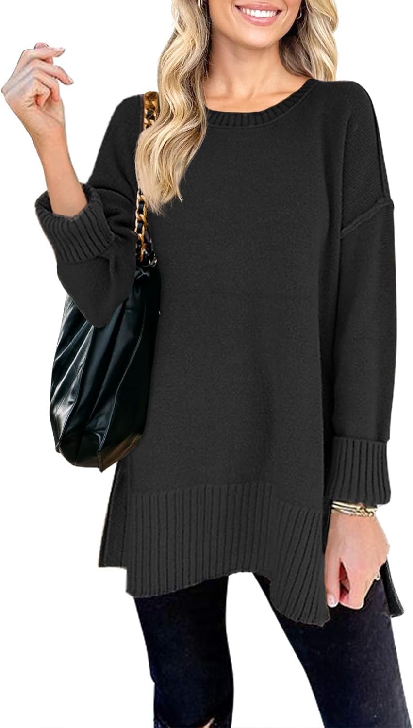MEROKEETY Women's 2024 Fall Casual Crew Neck Side Split Pullover Sweater Loose L...