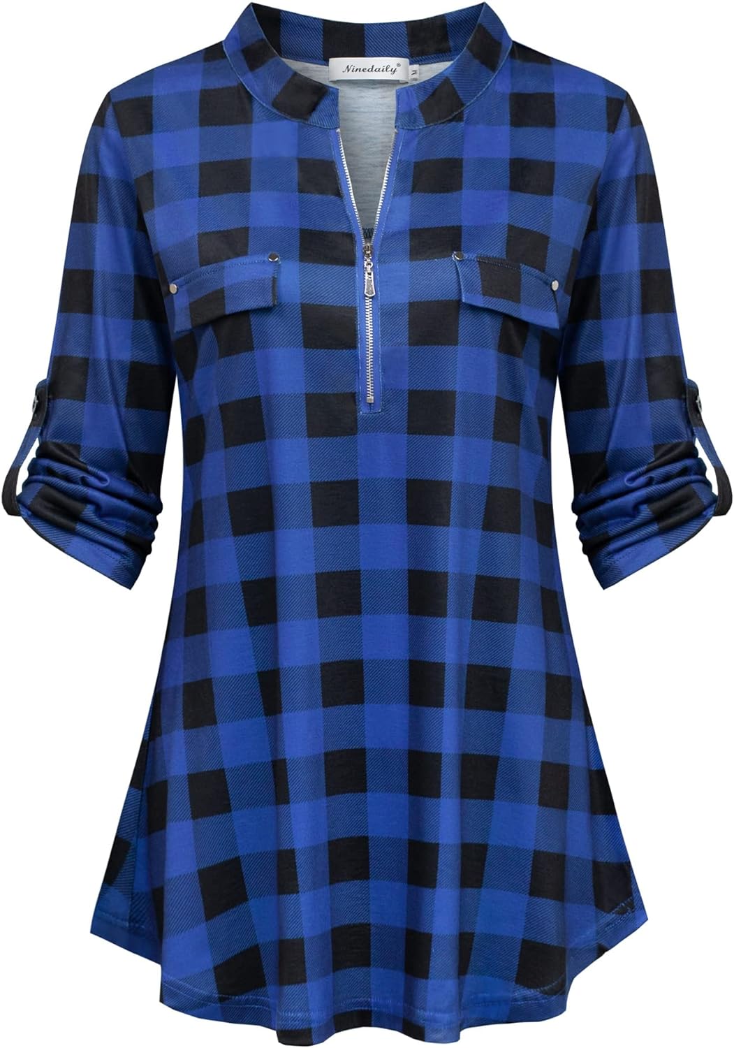 Ninedaily Women's 3/4 Sleeve Plaid Shirts Zip Floral Casual Tunic Blouse Tops X-...