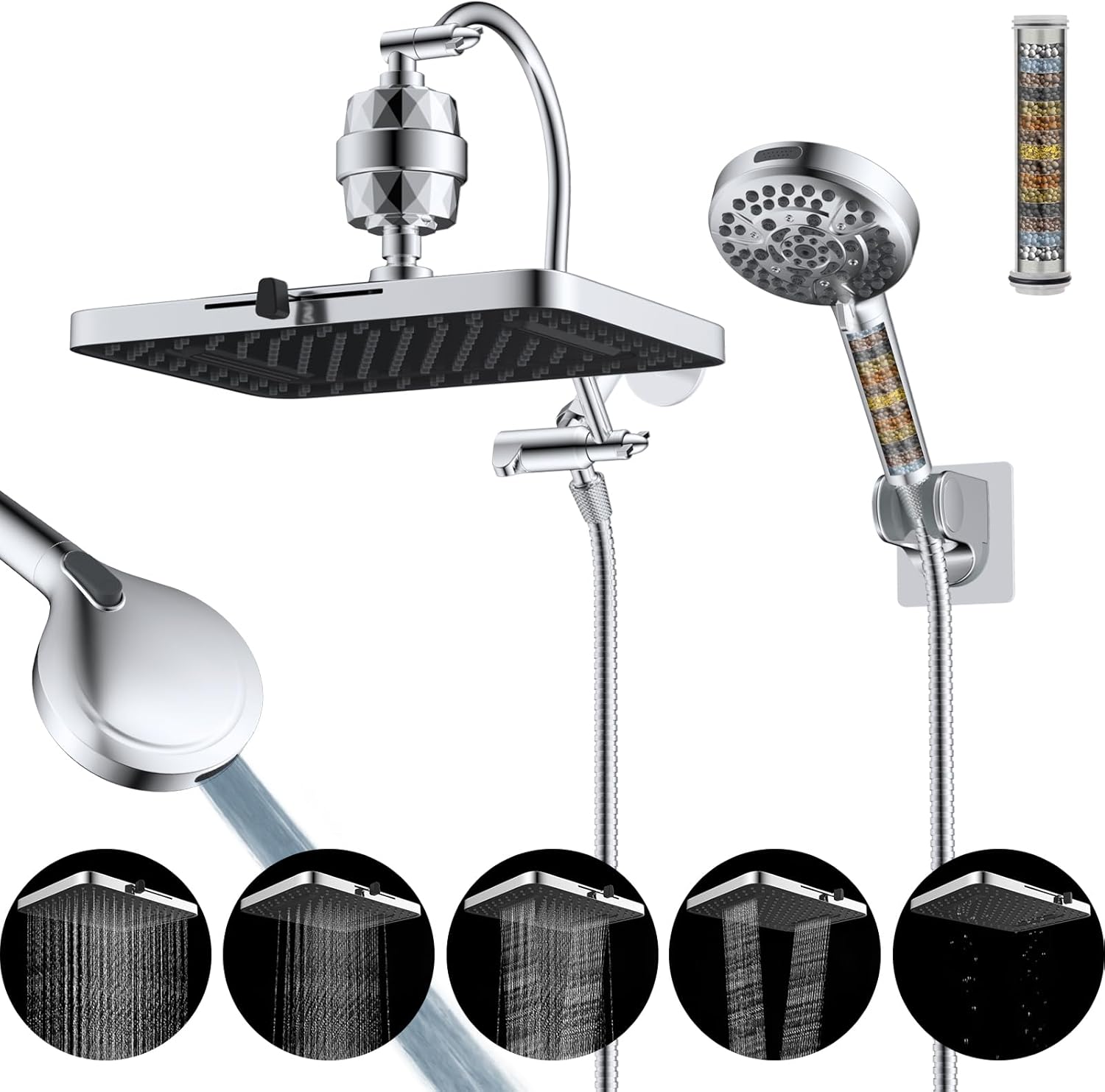 Hibbent Upgraded 5-spray 13'' Dual Filtered Rainfall Shower Head Combo, High Pre...