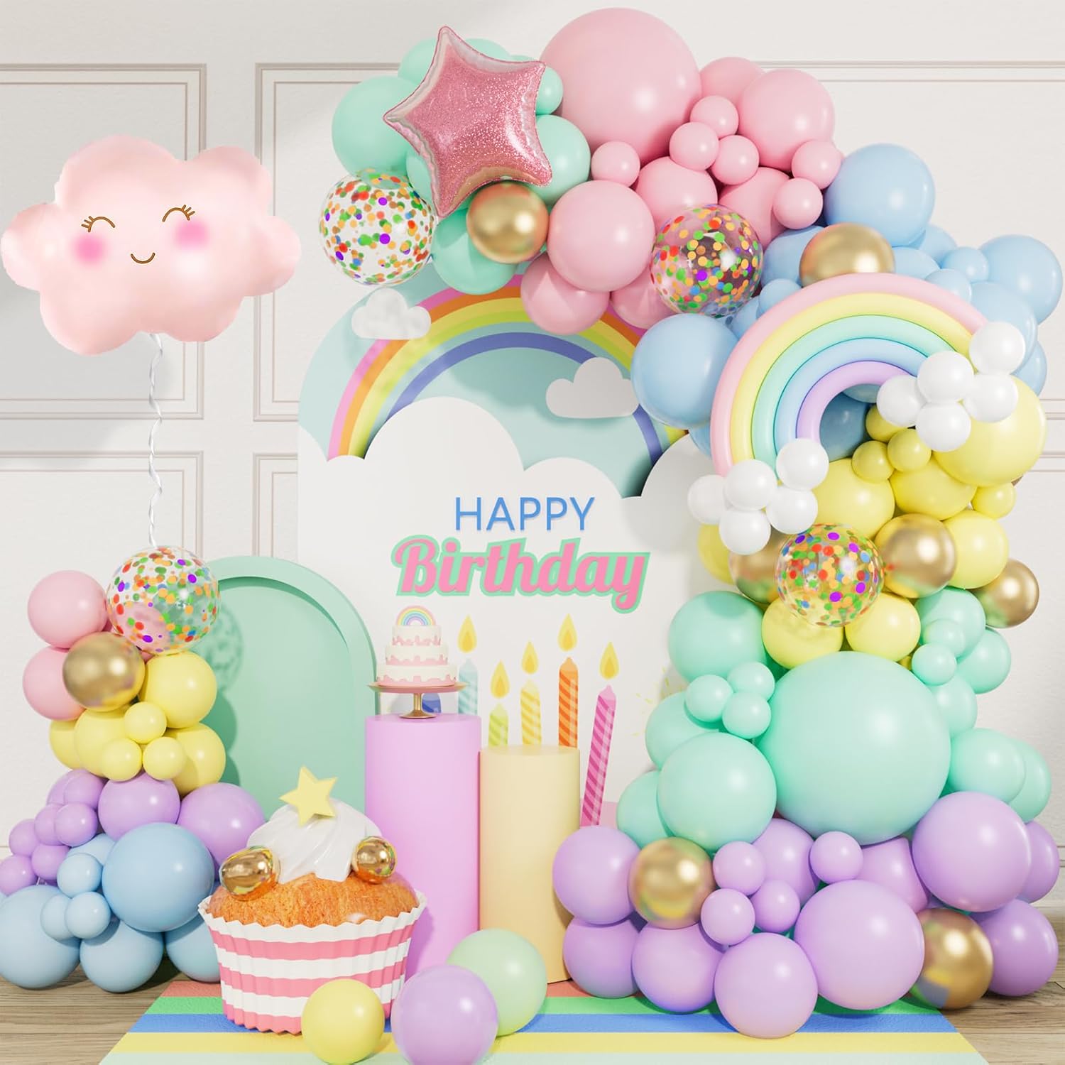 Pastel Rainbow Balloon Garland Kit Rainbow Balloon Arch Kit Clouds balloons Pink...