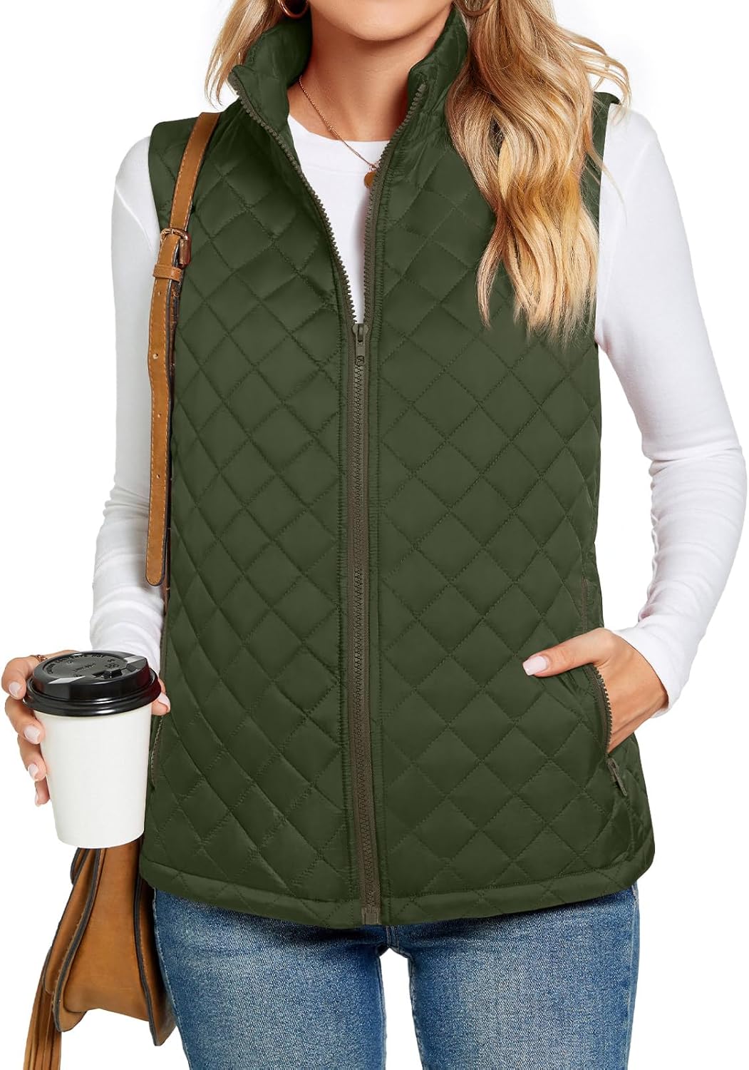 TAOHUADAO Women's Gilet Zippered Quilted With Pockets Lightweight Coat With Stan...