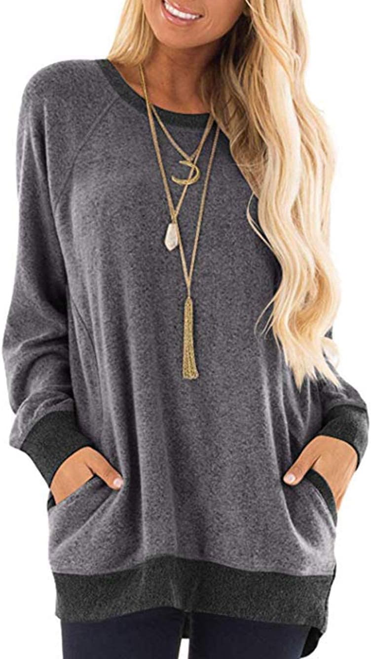 iChunhua Casual Women’s Long Sleeve Crewneck T Shirt Sweatshirt Tops with Pocket...