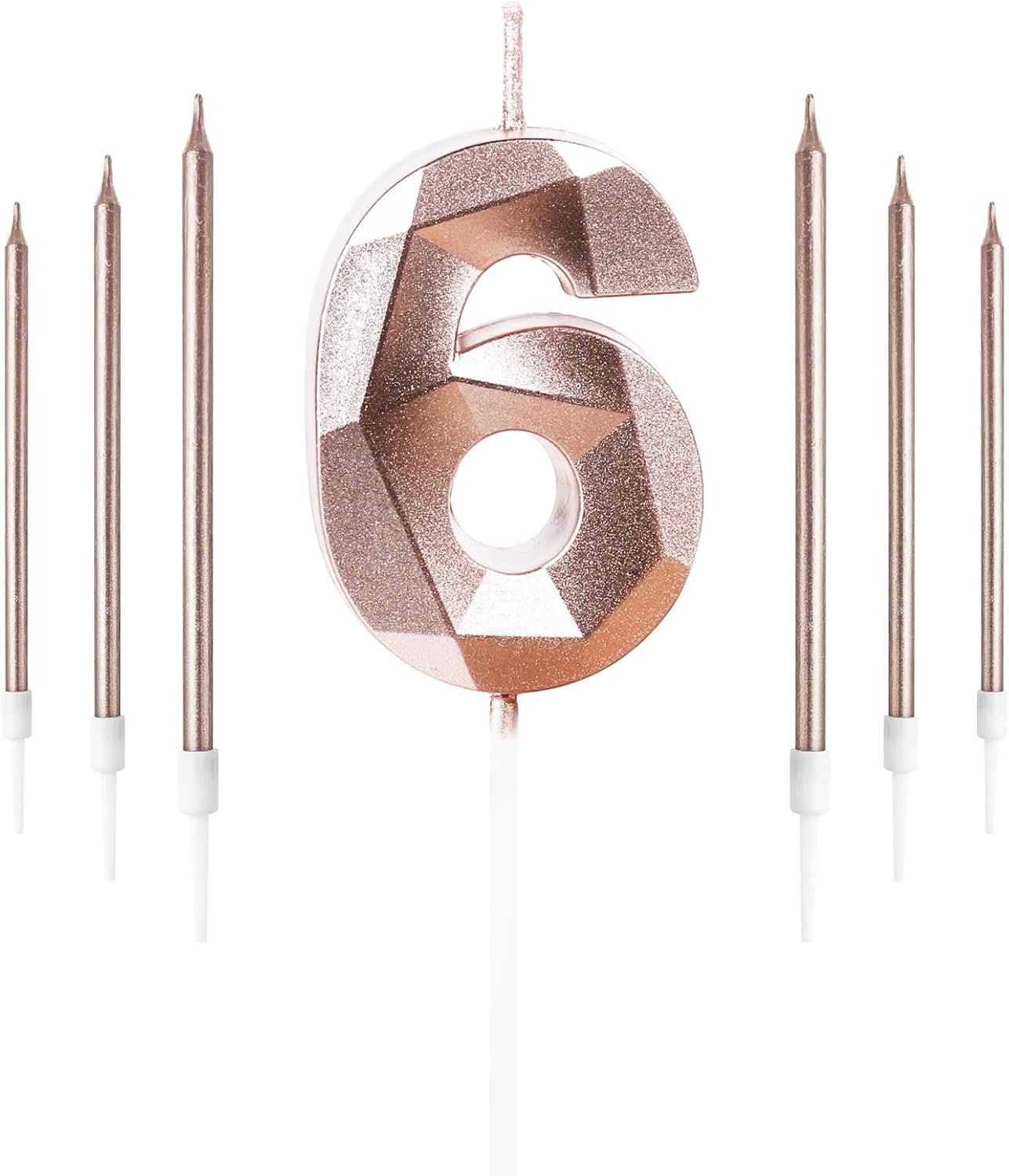 Rose Gold 6th Birthday Candles Set, Number 6 Candle with Rose Gold Long Candles,...