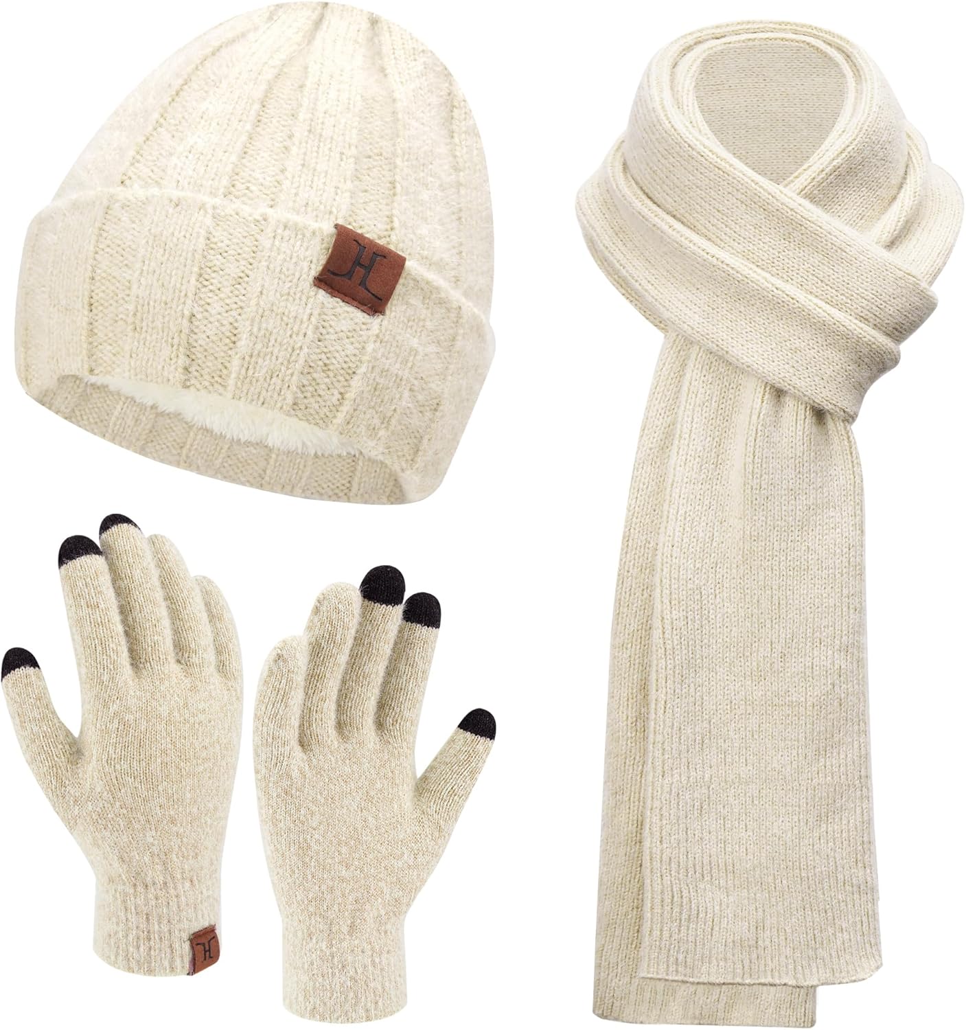 Womens Winter Warm Knit Beanie Hat Touchscreen Gloves Long Neck Scarf Set with F...