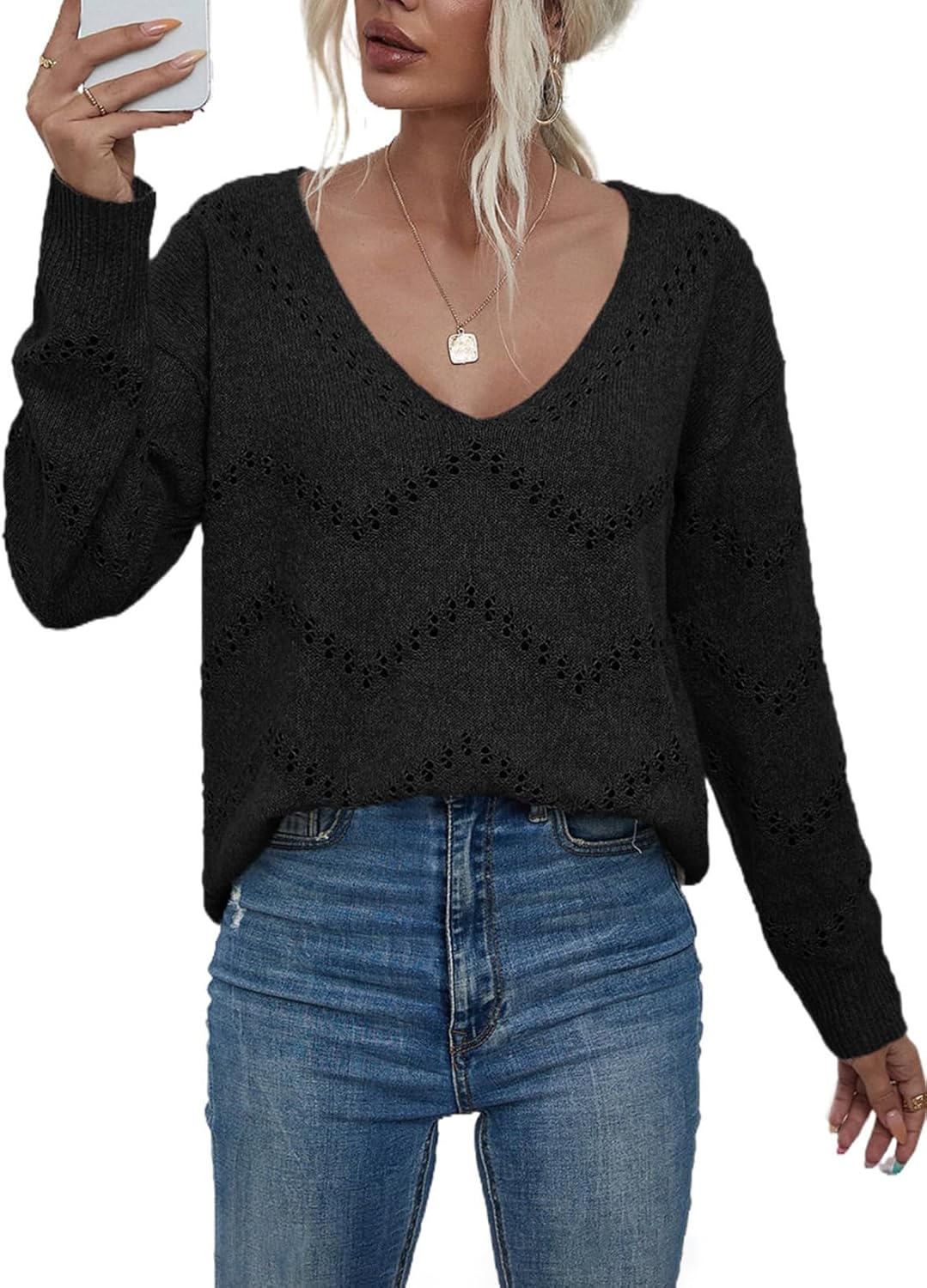 EVALESS Women's Crochet Sweater Top Hollow Out Long Sleeve Pullover Tops Fall Ou...