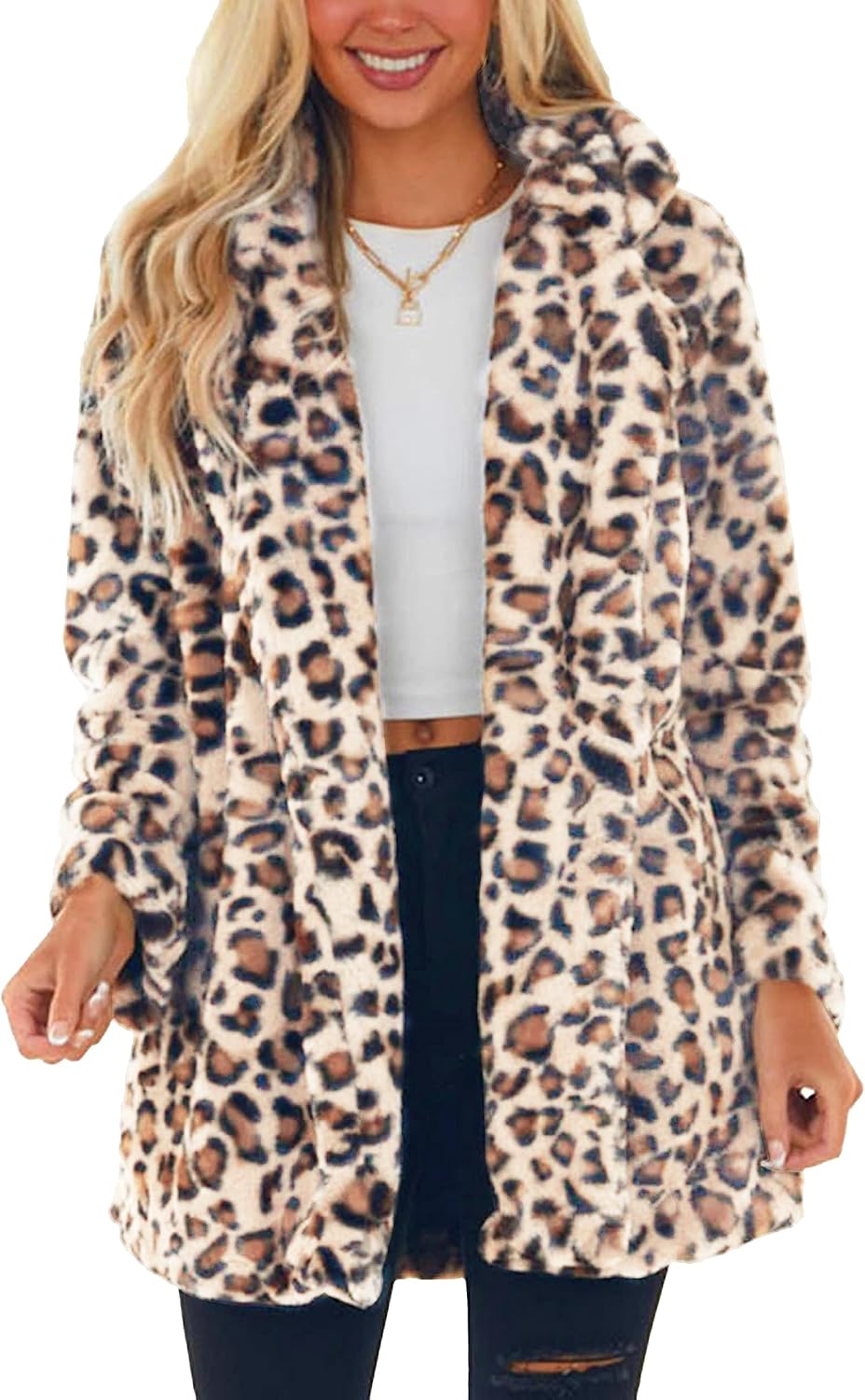Omoone Women's Faux Fur Jackets Autumn Winter Leopard Coats Loose Fur Coat with...