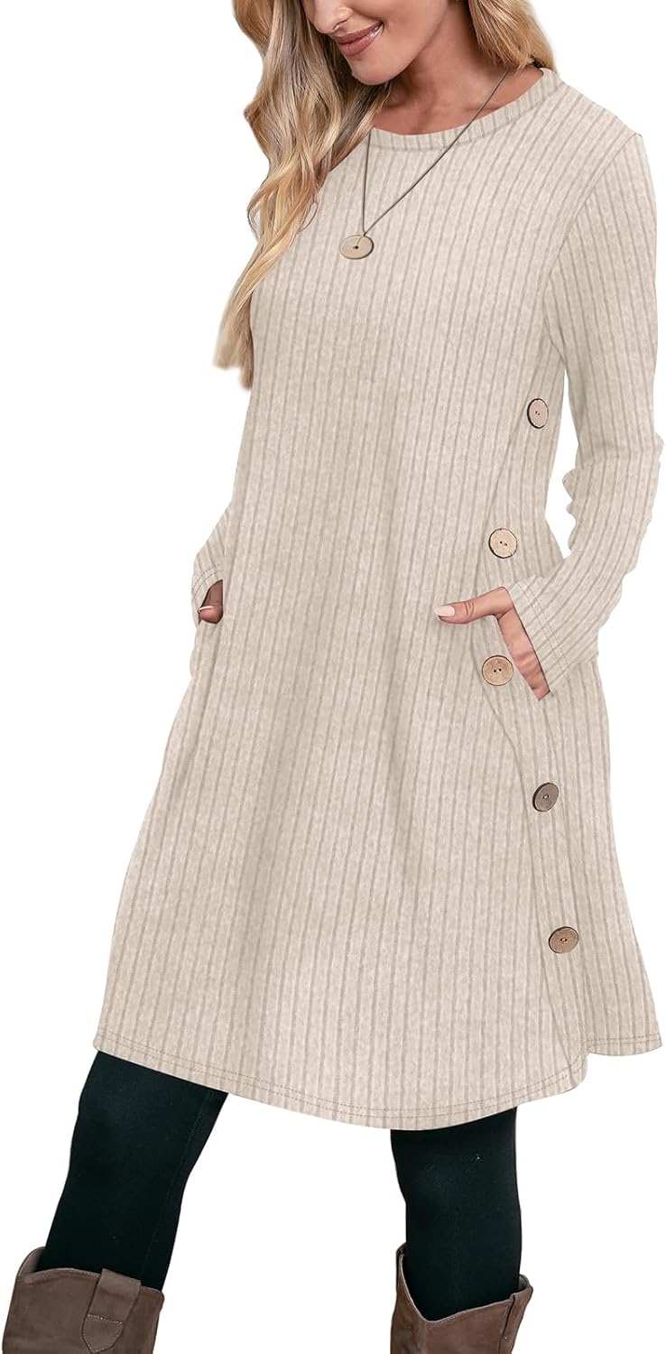 OFEEFAN Fall and Winter Tunic Dress with Pockets Long Sleeve Crew Neck Buttons S...