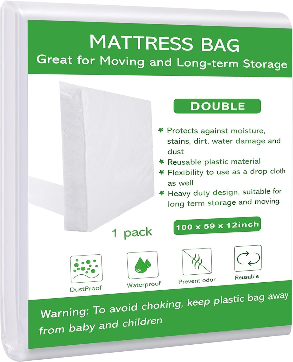Dntorx Double Size Mattress Bag for Moving and Storage, Waterproof Plastic Mattr...