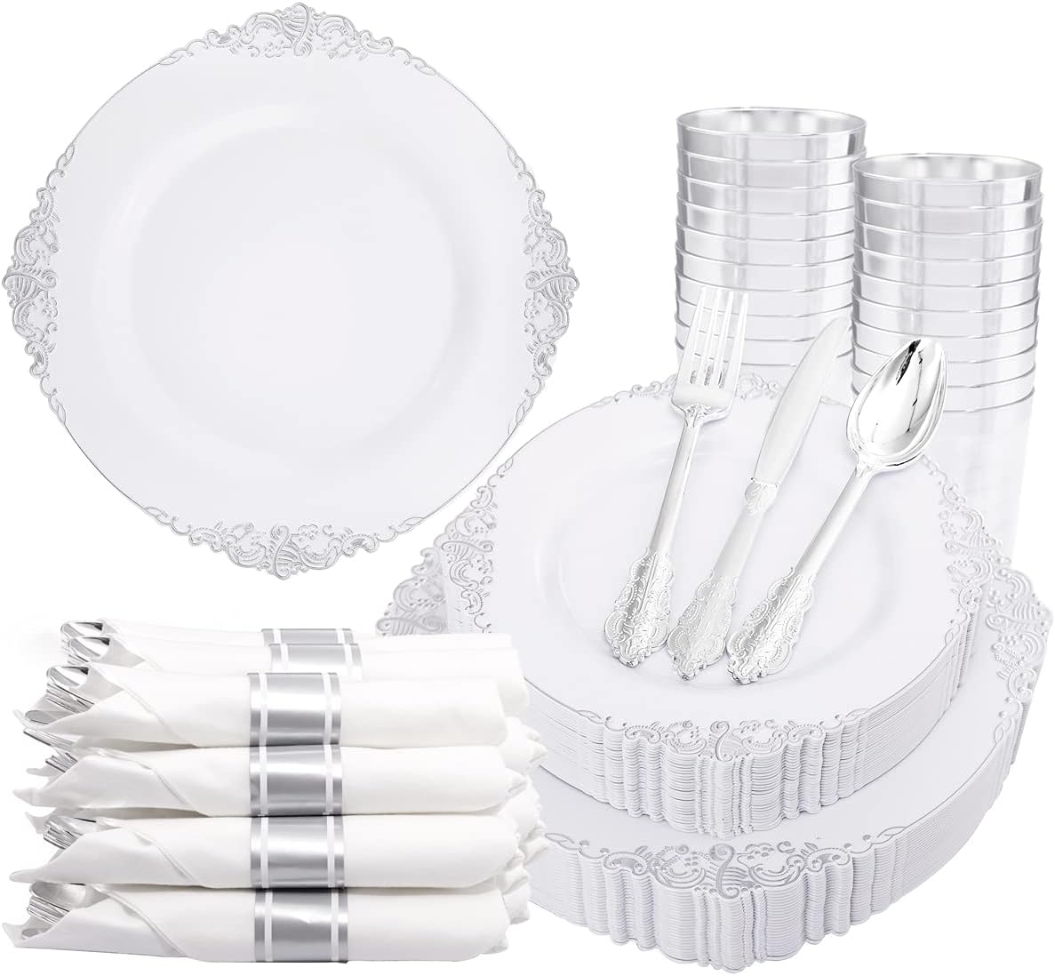 Liacere 350PCS Silver Plastic Plates&Pre Rolled Napkins for 50 Guests - Plastic...