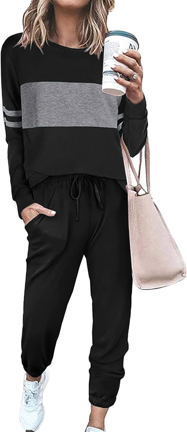 PRETTYGARDEN Women's Color Block 2 Piece Tracksuit Crewneck Long Sleeve Tops Lon...