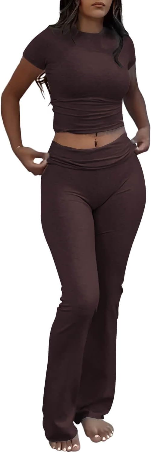 ZFLM Casual Workout Two Piece Outfits for Women Short Sleeve Crop High Waist Fol...