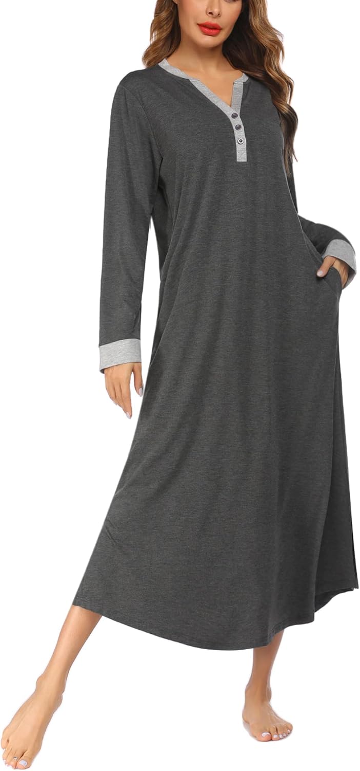 Ekouaer Womens Nightgown Long Loungewear V Neck Nightshirt Sleepwear Full Length...