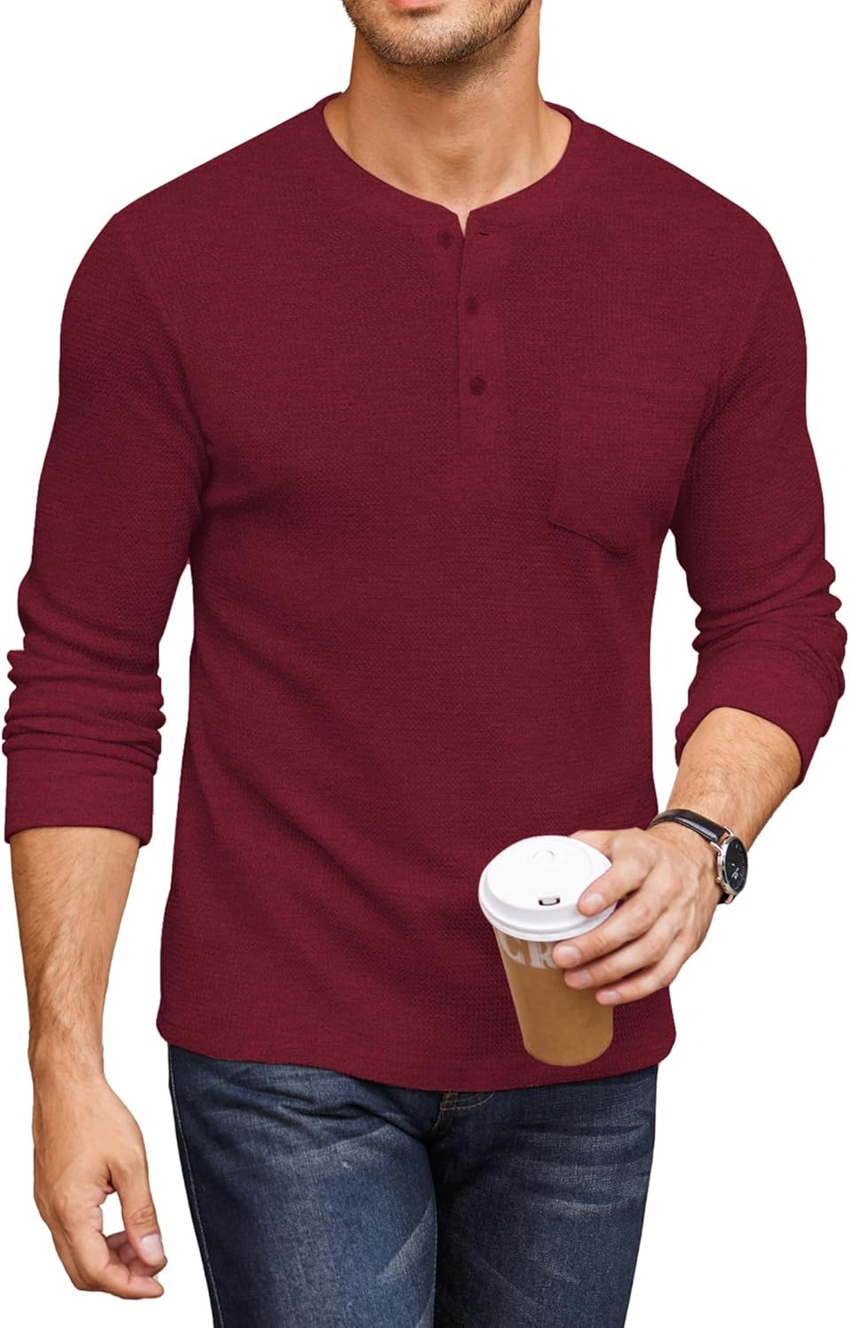 COOFANDY Men's Henley Shirts Long Sleeve Basic Waffle Pique Pullover T-Shirt wit...