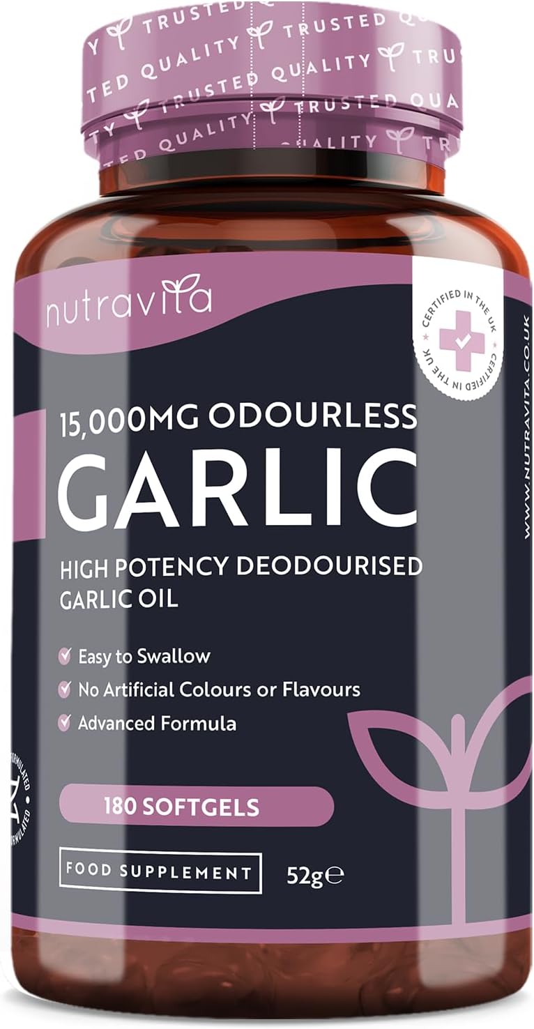 Premium Garlic Capsules - Odourless High Strength 15,000mg - 180 Soft Gel Capsul...