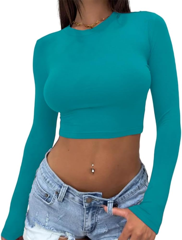 Abardsion Women's Sexy Long Sleeve Crop Top 2024 Crew Neck Basic Fitted Tight Cr...