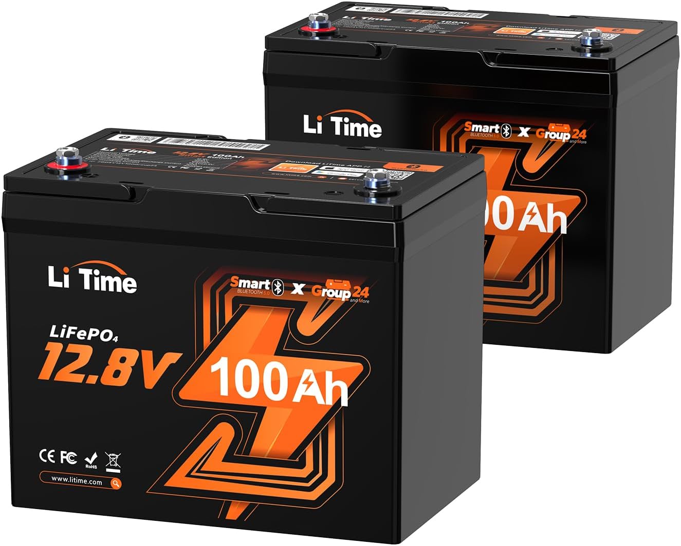 LiTime 2 Pack 12V 100Ah RV Lithium Battery, Group 24 Bluetooth LiFePO4 Battery |...