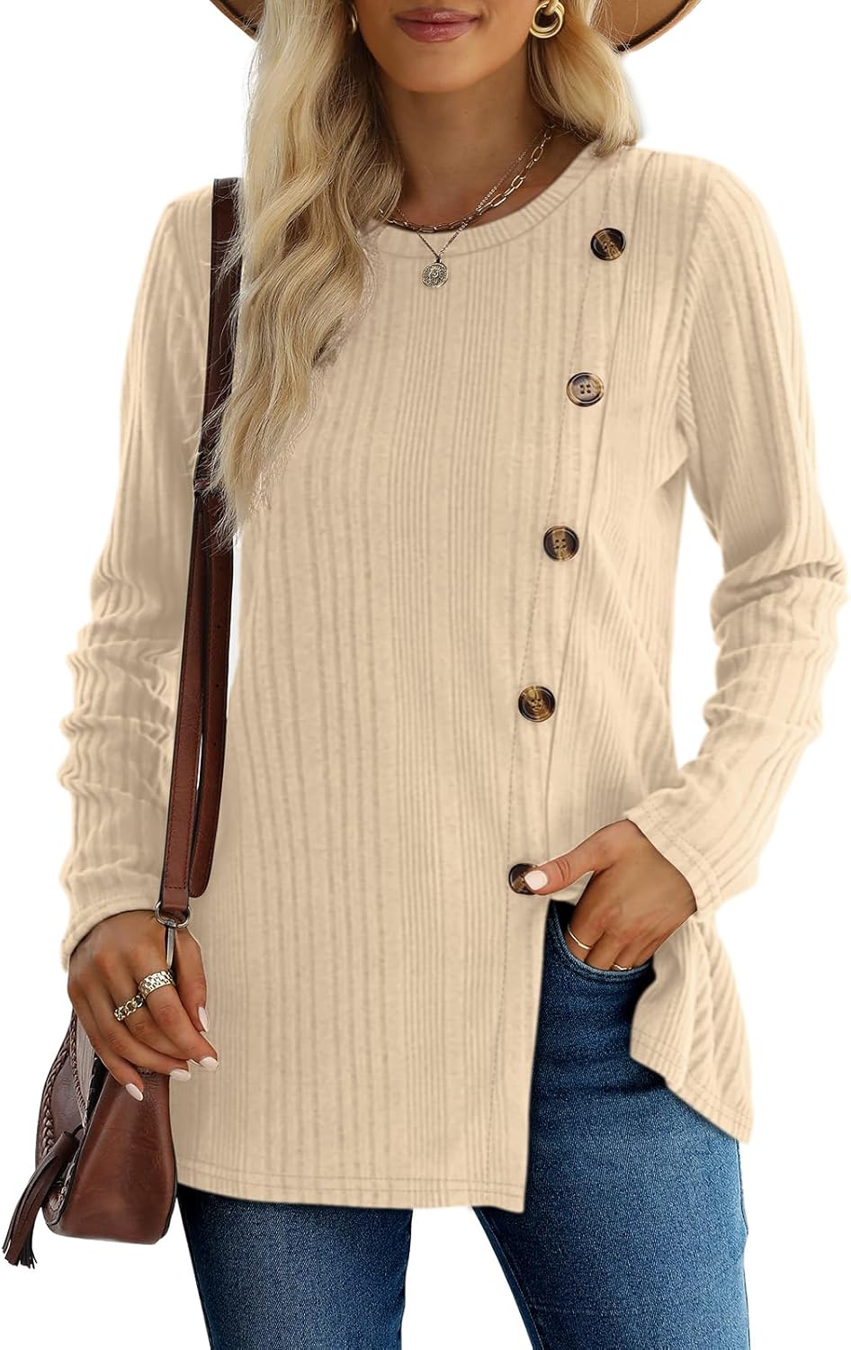 XIEERDUO Long Sleeve Tops for Women Tunics Buttons Front Slit E1- Apricot Medium