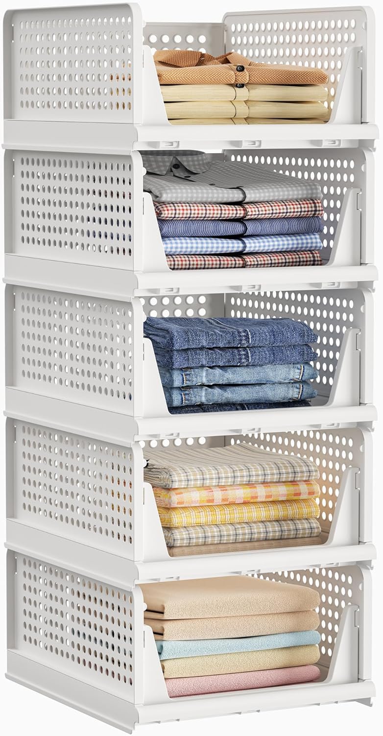 HOMIDEC Wardrobe Storage Organiser, 5 Pack Folding Storage Boxes, Stackable Stor...