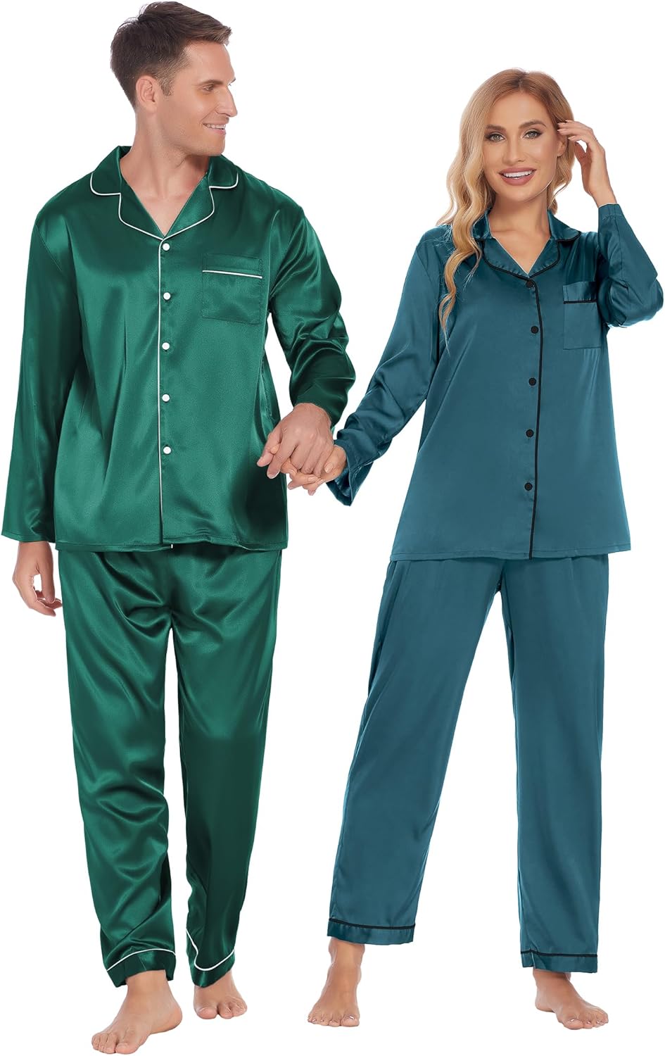 Ekouaer Couples Matching Pajamas Silk Long Sleeve Sleepwear Satin Soft Button Do...