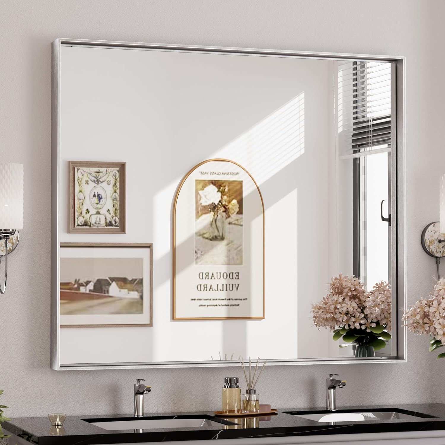 Keonjinn Silver Mirror for Bathroom 42 x 36 Inch Large Bathroom Vanity Mirrors R...