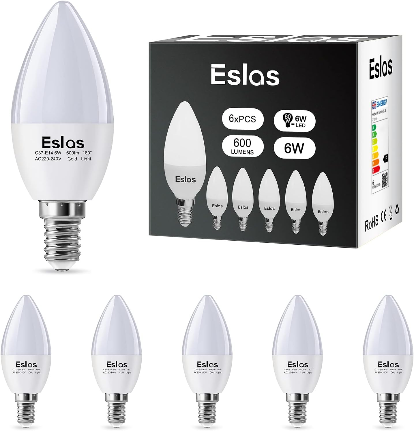 Eslas 6W E14 LED Candle Light Bulb, Cool White 6000K, C37 600lm, SES Small Ediso...