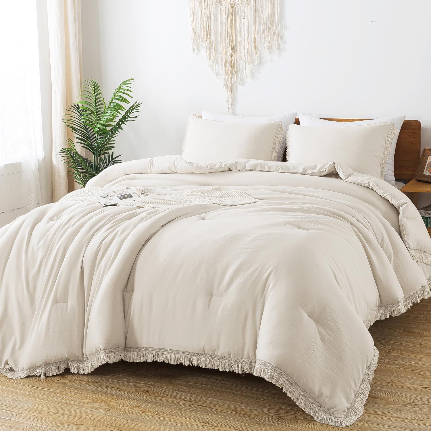 Andency California King Comforter Set Beige - 3 Pieces Cal King Boho Tassel Ligh...
