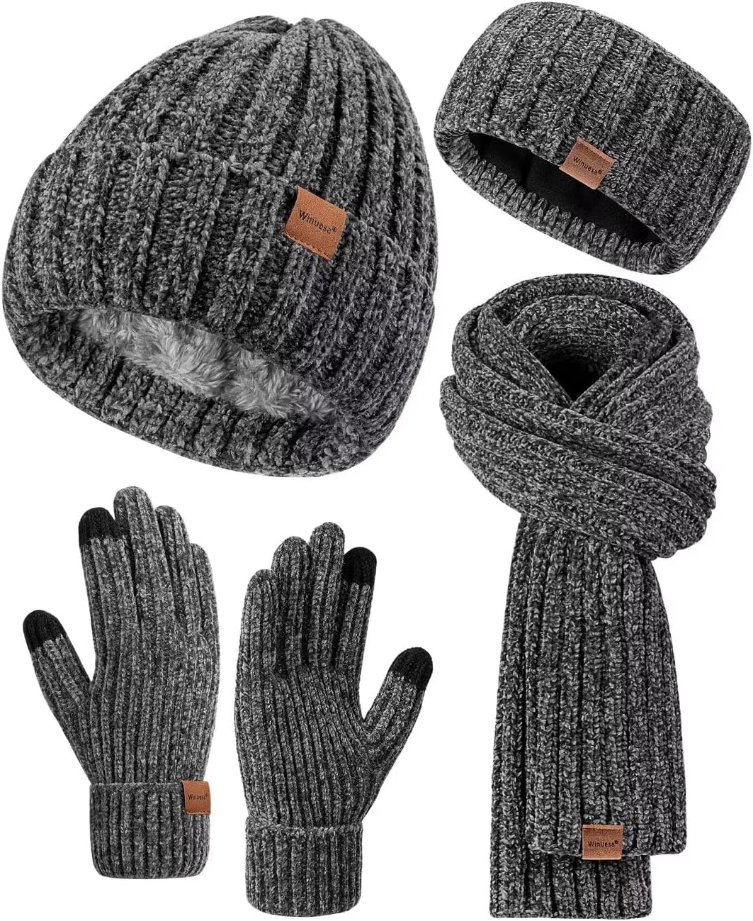 Women Beanie Scarf Gloves Headband Set, Chenille Winter Hats Fleece Lined Ear Wa...