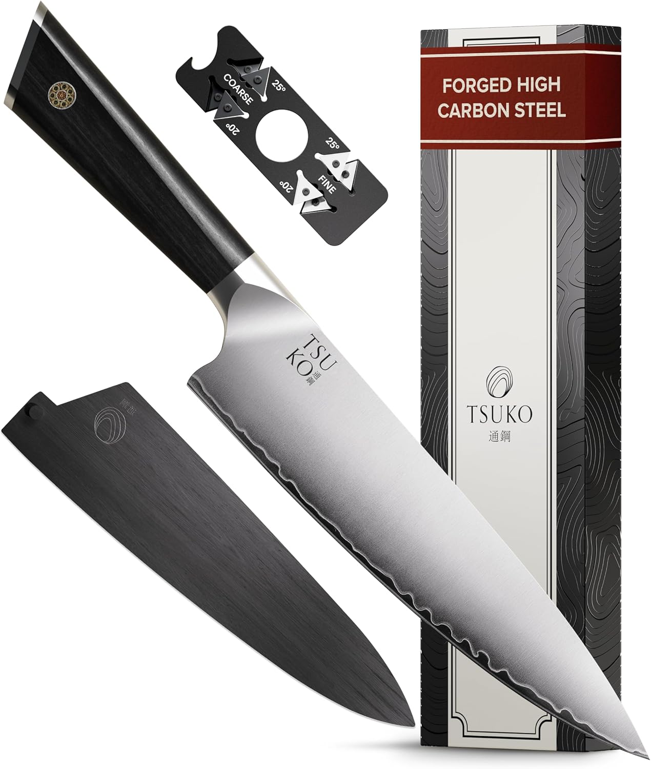 Tsuko Chef Knife Four Stage Sharpener & Wooden Sheath - 8 Inch Professional Japa...