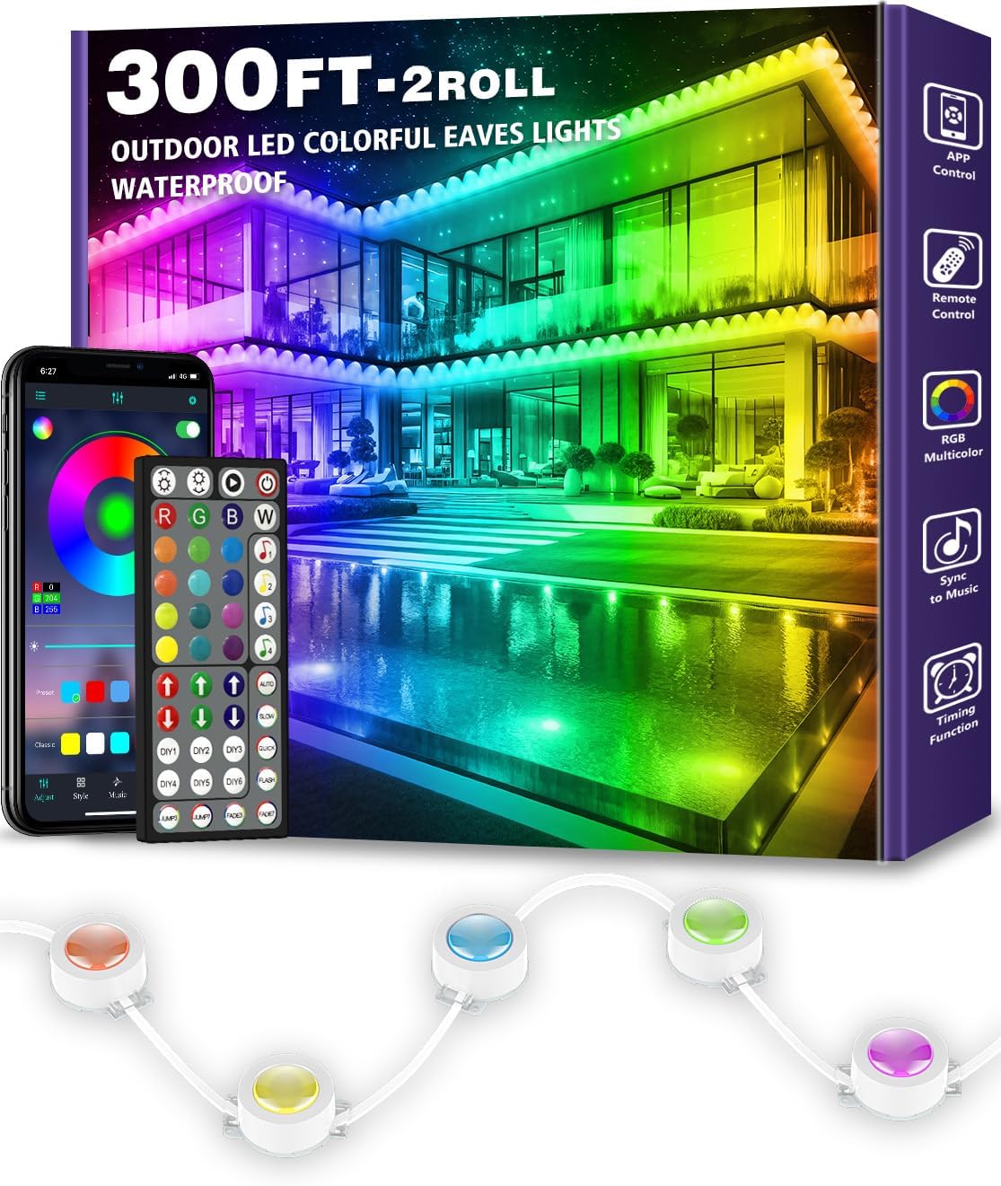 300FT Permanent Outdoor RGB Lights - IP67 Waterproof with Smart App Control Remo...