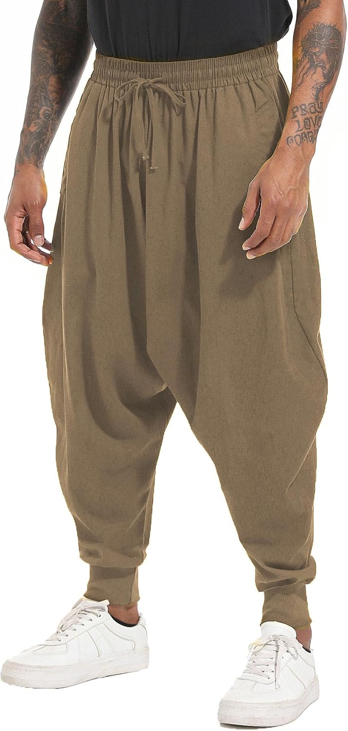 perdontoo Mens Harem Pants Loose Fit Elastic Waist Drawstring Aladdin Hippie Tro...