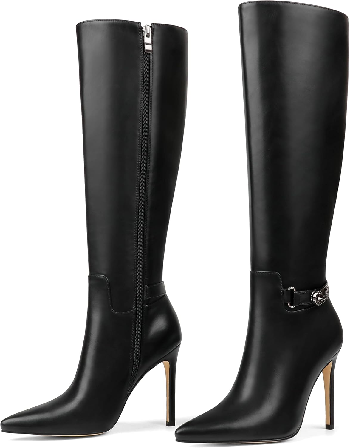 COLETER Women's Knee High Boots Pointed Toe Stiletto Buckle Dress Boots Slouch Z...