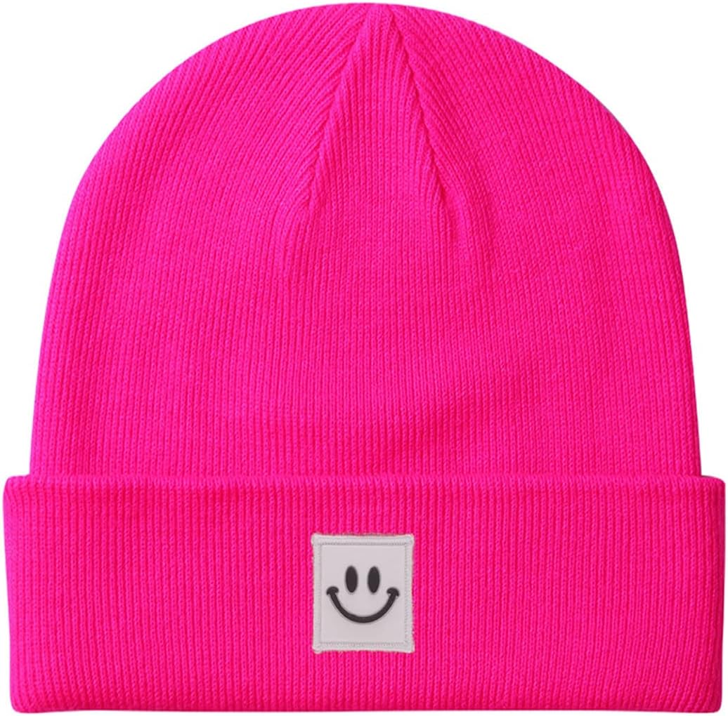 MaxNova Knit Beanie Hat with Smile Face for Men/Women One Size Hot Pink Smile
