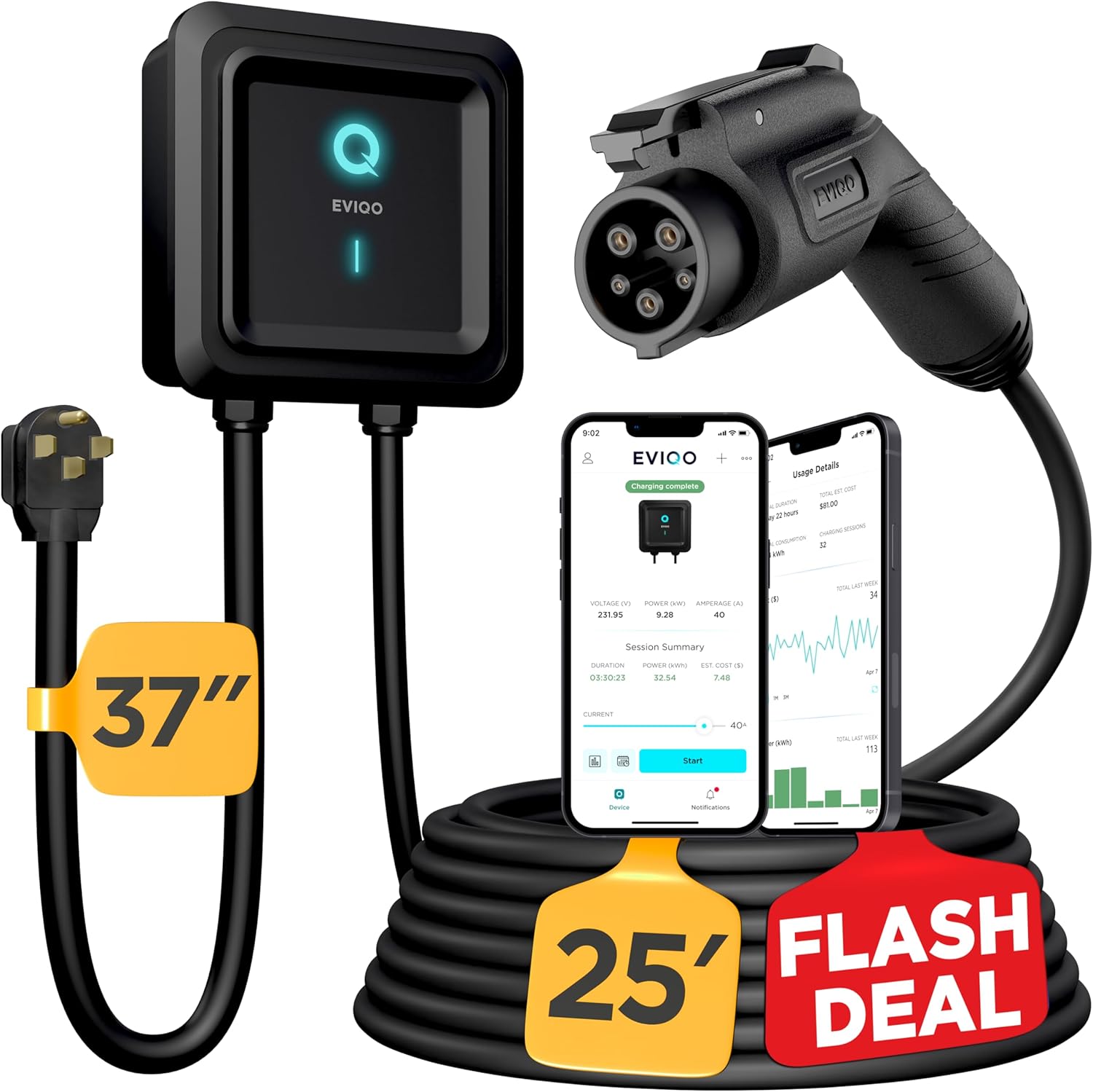 EVIQO Level 2 EV Charger - 48 Amp EV Charger Level 2, 240V Electric Vehicle Char...