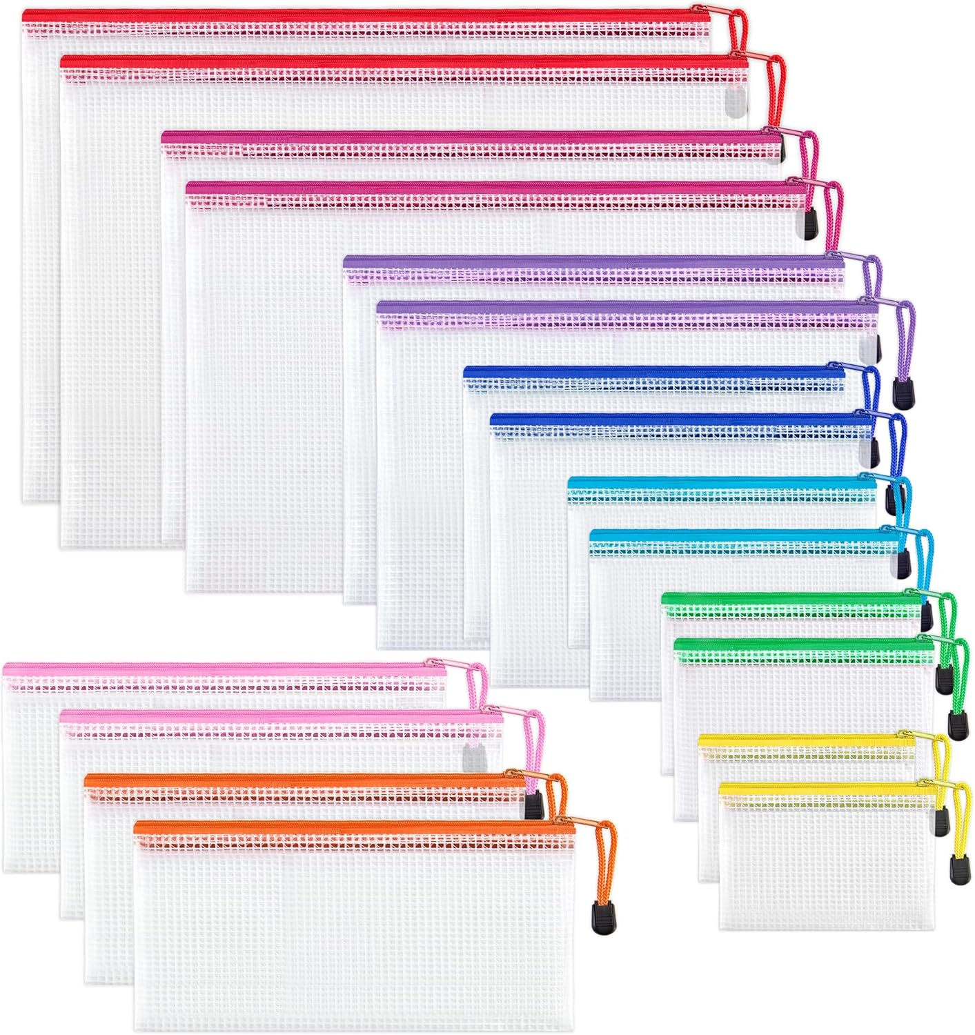 JARLINK 18 Pack 8 Sizes Mesh Pouch, 9 Colors, Waterproof Zipper Bags Document Mu...