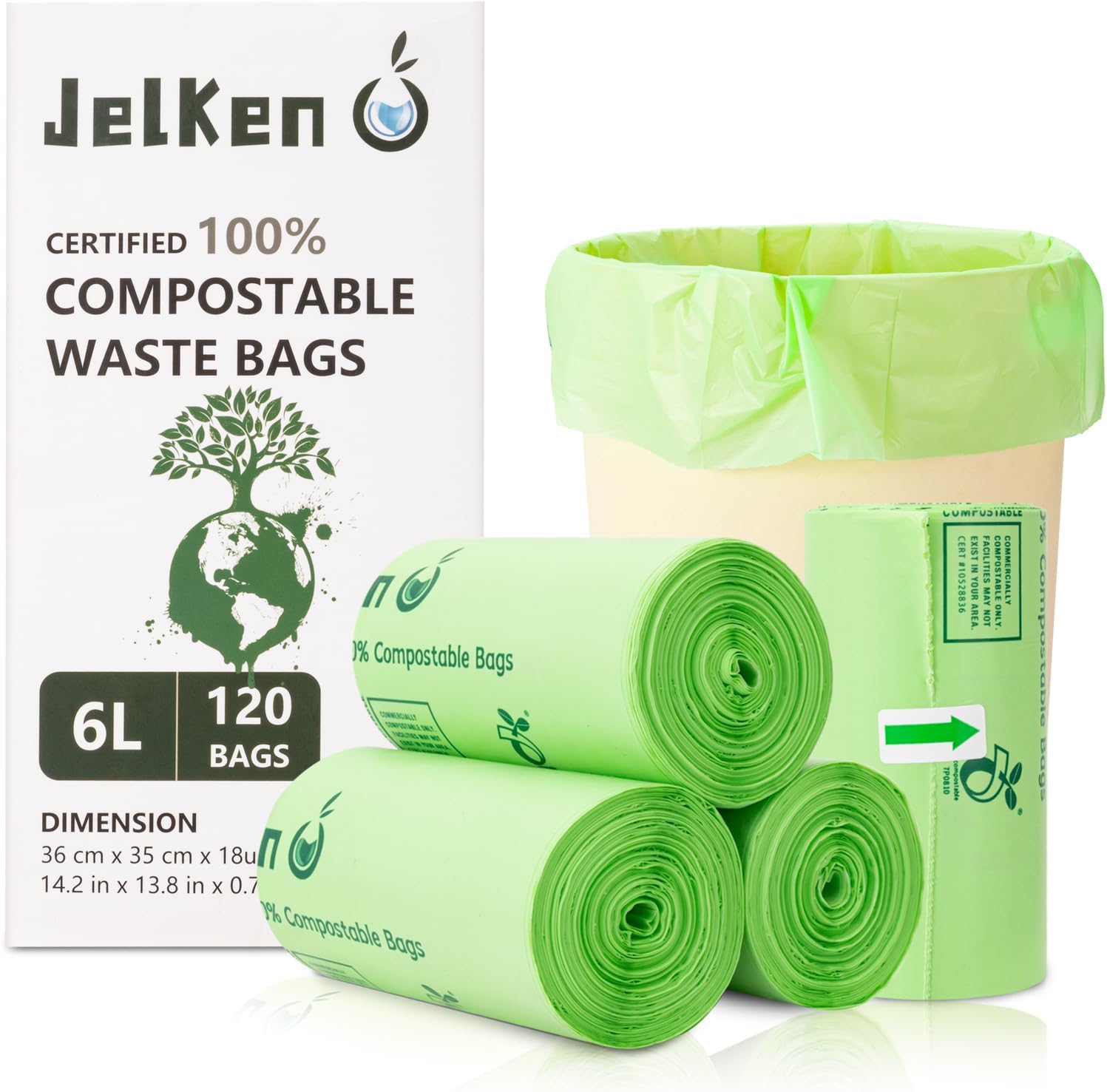 JelKen 6L-120 Bags 100% Compostable Biodegradable Bin Liners - Food Waste Bags -...