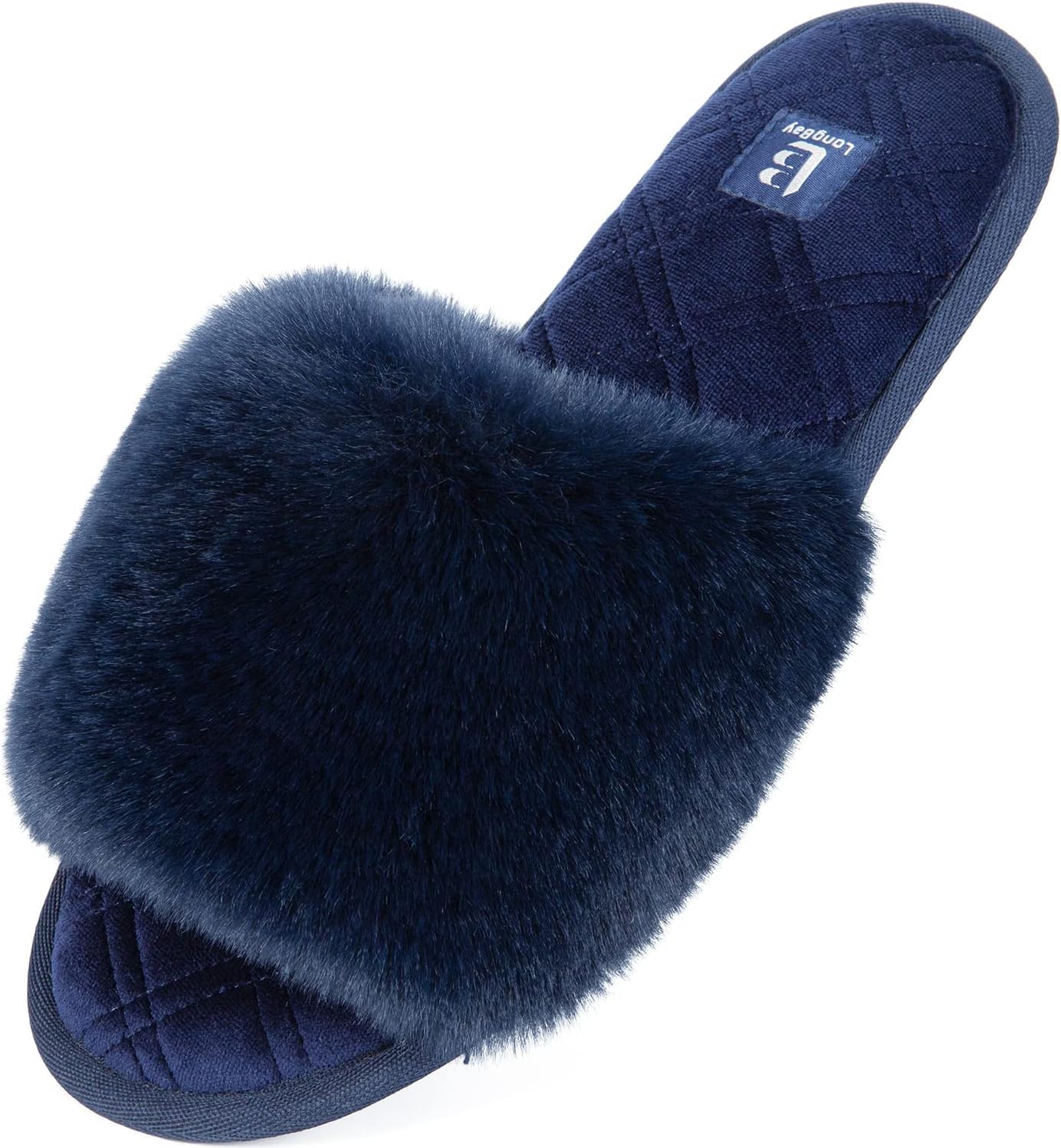 LongBay Ladies' Fluffy Faux Fur Slippers Open Toe Memory Foam Comfy Flat Summer...