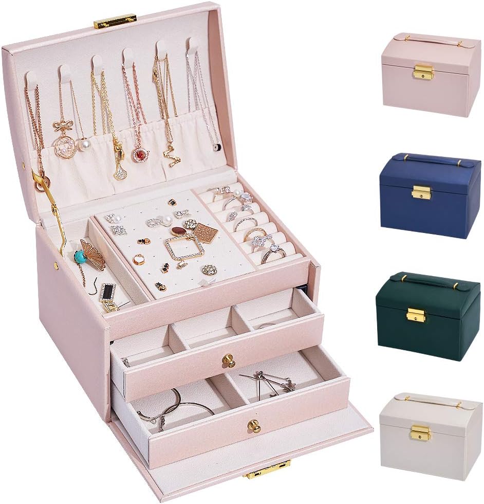 hombrima 3 Layers Travel Jewelry Box, Jewelry Storage Organizer Cases with 2 Dra...