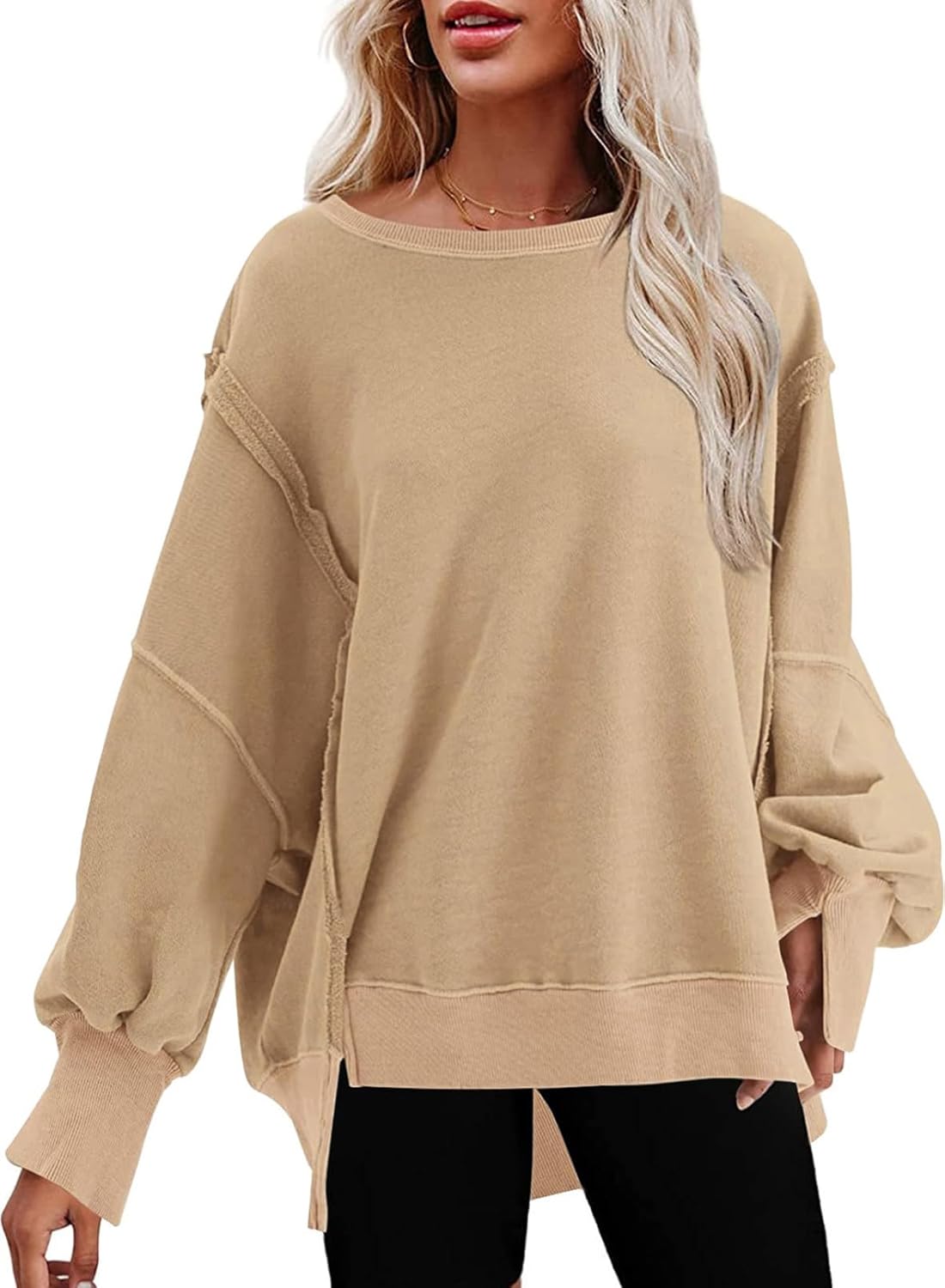 SHEWIN Womens Oversized Reverse Seam Sweatshirt Casual Long Sleeve Crewneck Ligh...