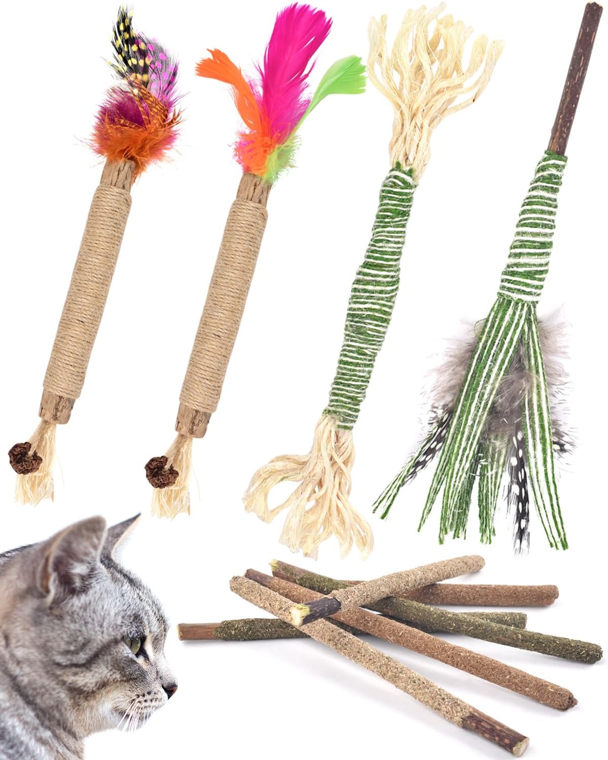 ERKOON Cat Toy, 10 pcs Kitten Chew Stick Catnip Sticks for Cat, Cat Dental Feath...