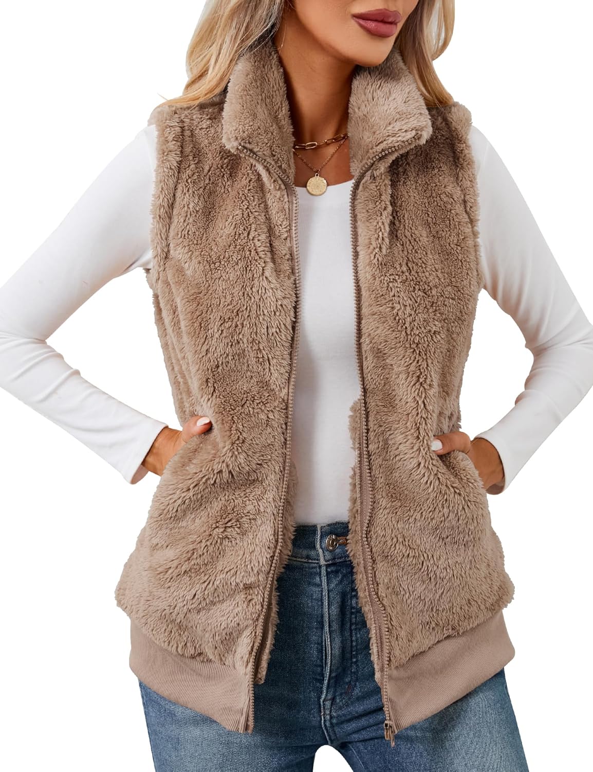 LOMON Womens Fuzzy Fleece Vest, Casual Warm Sleeveless Zip Up Sherpa Vest Jacket...