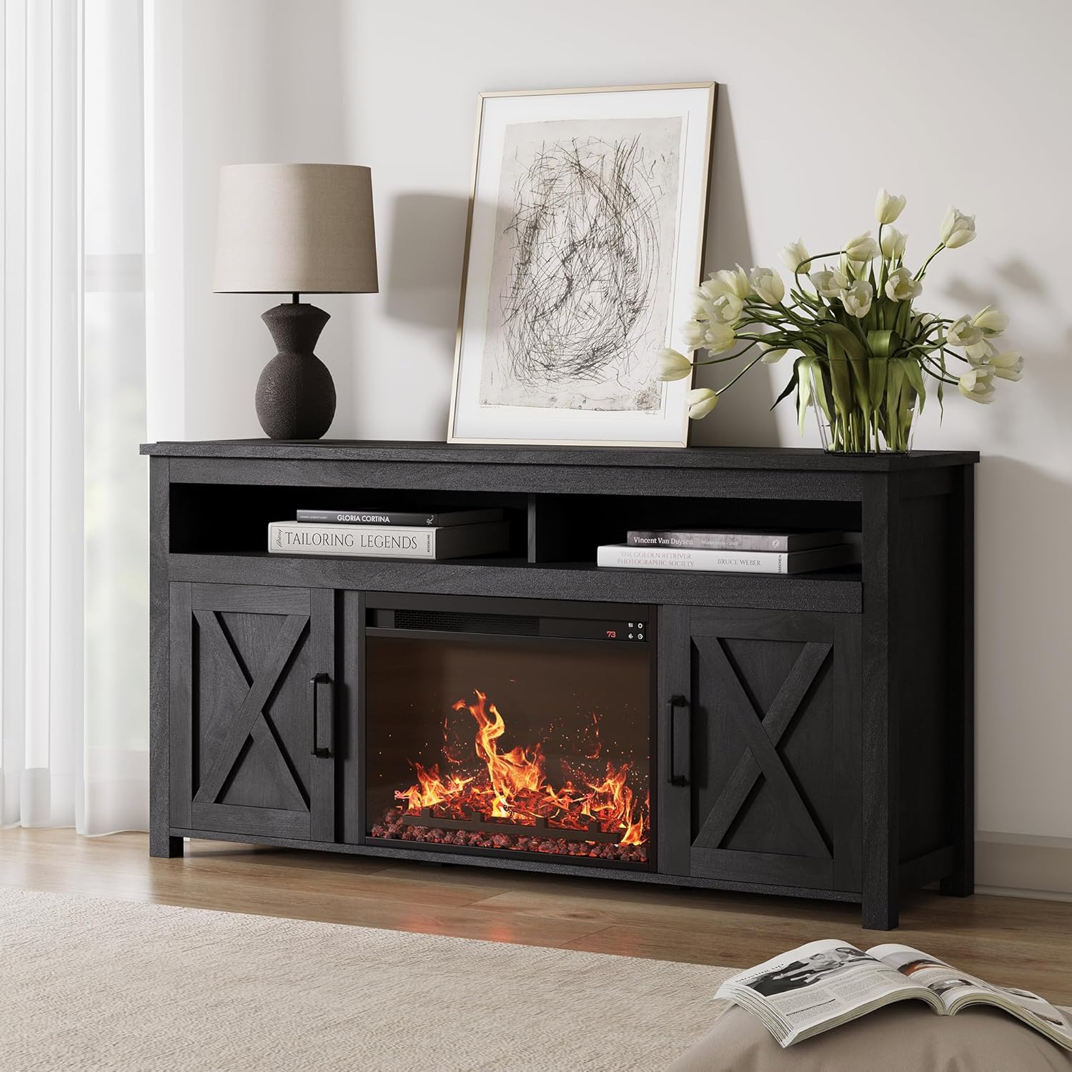 BELLEZE 58" Farmhouse Fireplace TV Stand for TVs up to 65", 23" Electric Firepla...