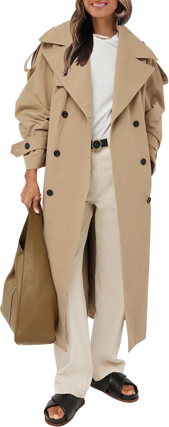 Farktop Womens Oversized Long Trench Coat Double Breasted Lapel Windproof Overco...