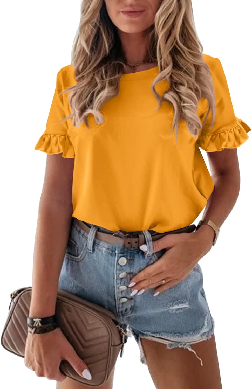 PRETTYGARDEN Women's Short Sleeve Casual T Shirts Summer Ruffle Plain Round Neck...