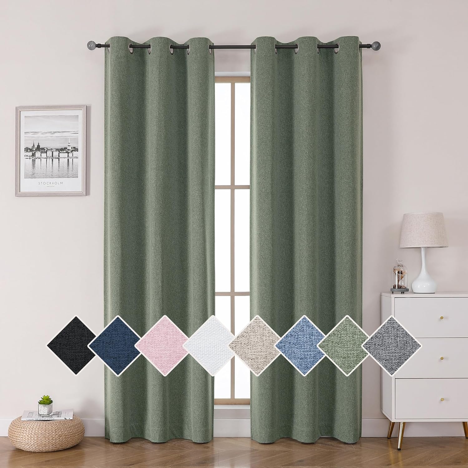 Chyhomenyc Olive Green Blackout Curtains for Bedroom, Faux Linen Curtains 84 Inc...